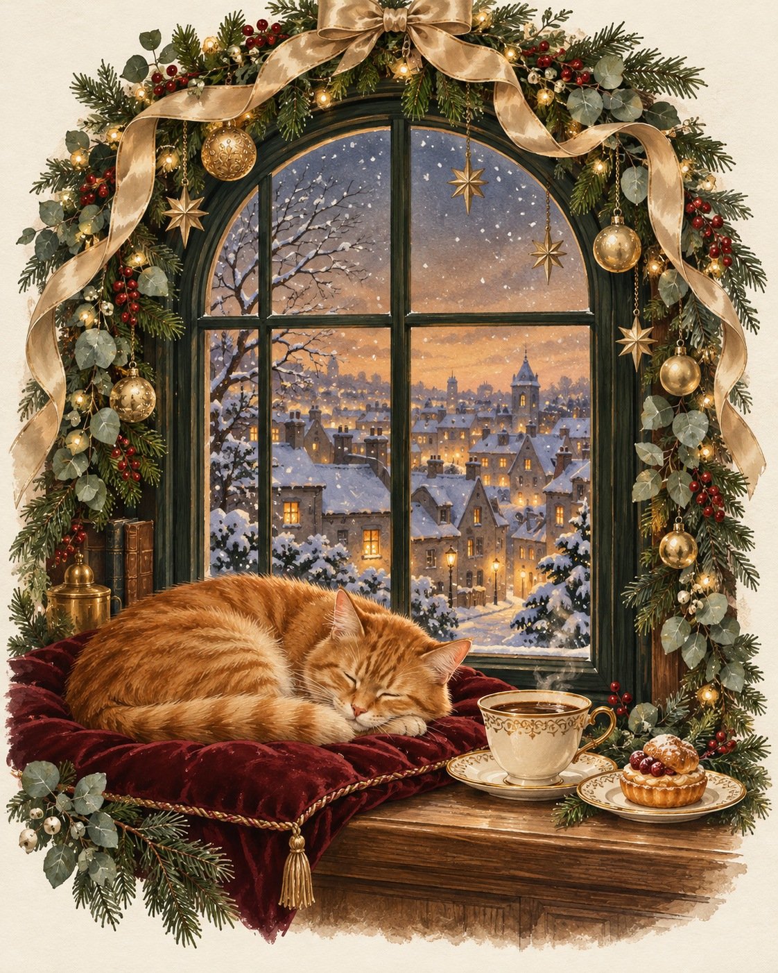 Illustration des fêtes de fin d’année : chat endormi, café et décorations dorées